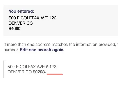 Incomplete address missing ZIP+4 Code - Indicates partial match.