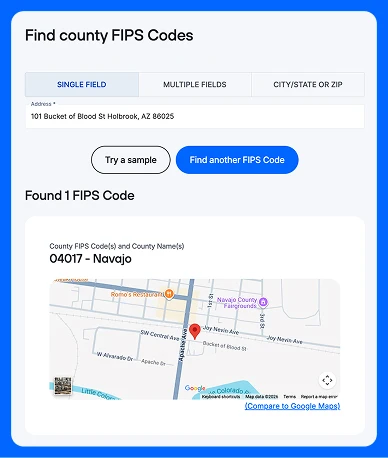 County lookup by address output screenshot with FIPS Code and county name