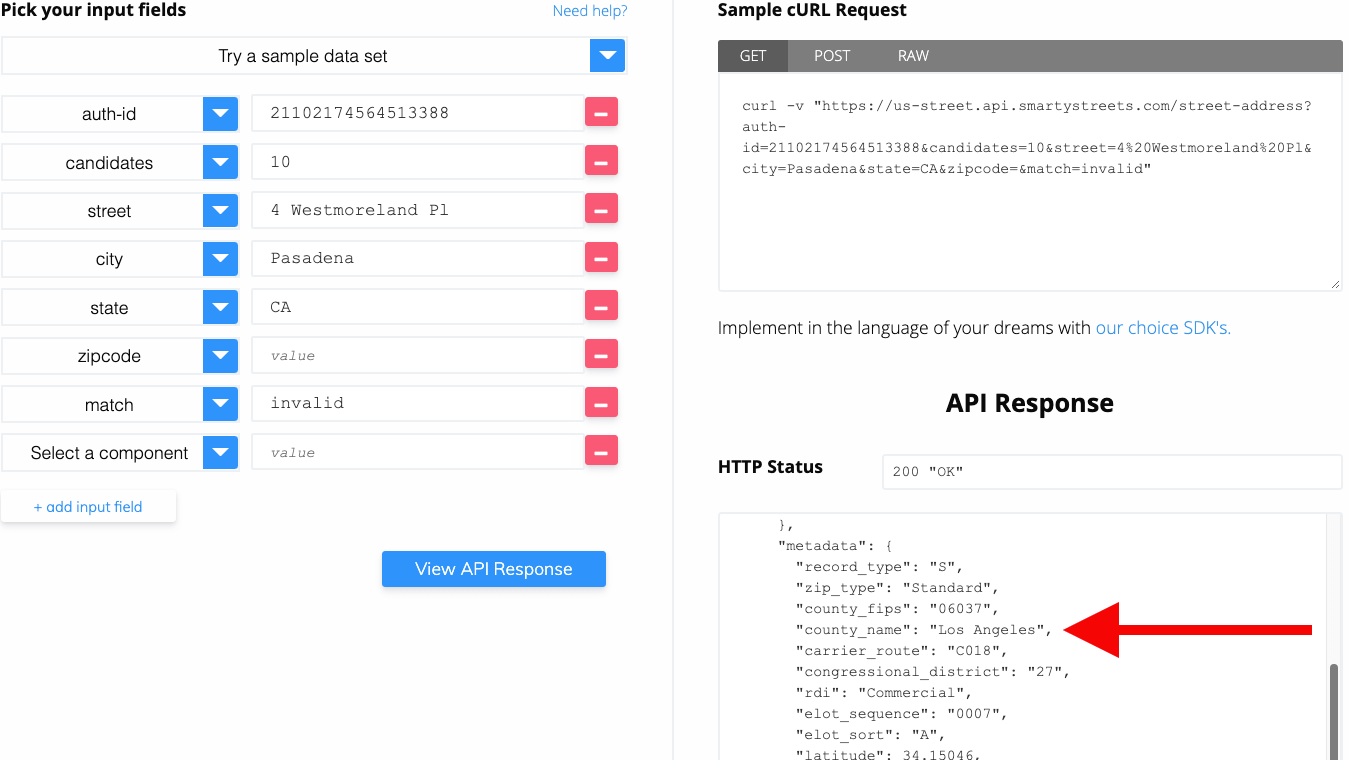 address API county codes step 3 - See the sample cURL request and API response. 'county_name' appears under 'metadata' along with FIPS Code