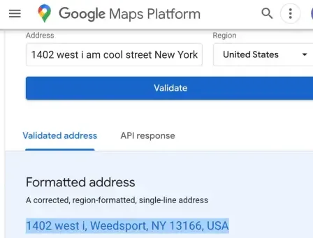 Fasle positive example pulled from Google's address validation tool