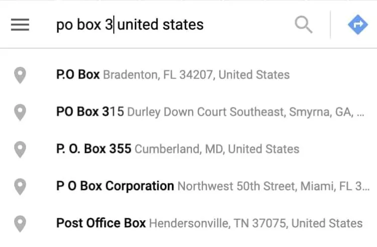 Google Places Autocomplete PO Box example