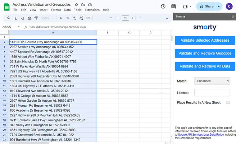 Select the addresses you would like to validate