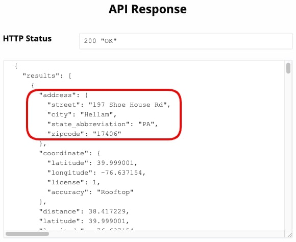 Step 5: view a list of the closest 10 addresses to your coordinates in the API Response field