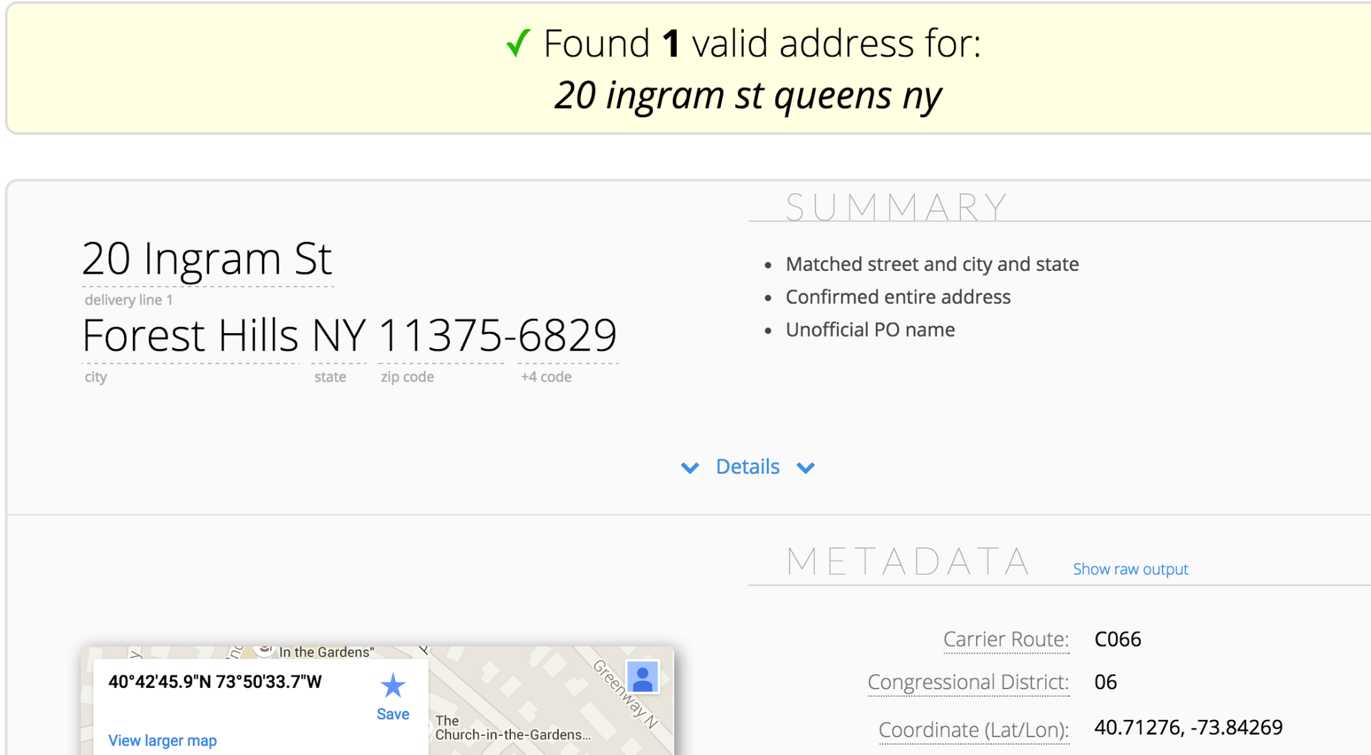 Once the address is validated, the coordinates will be listed.