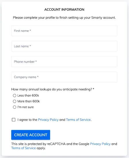 account information and account creation page