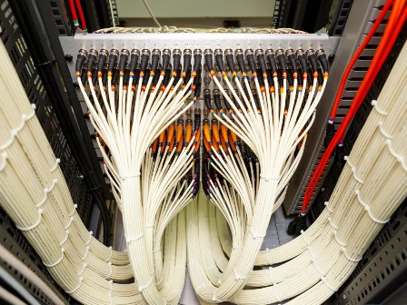 Close up of organized server and network fiber cables