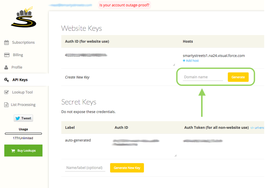 API Keys tab of your SmartyStreets account