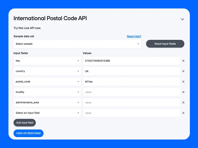 Smarty's International Postal Code API playground, set to return data about the UK postcode M11ae