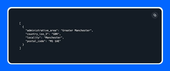 postcode API 200 response about the M11ae postcode with administrative area, country ISO 3 code, locality, and postal code.