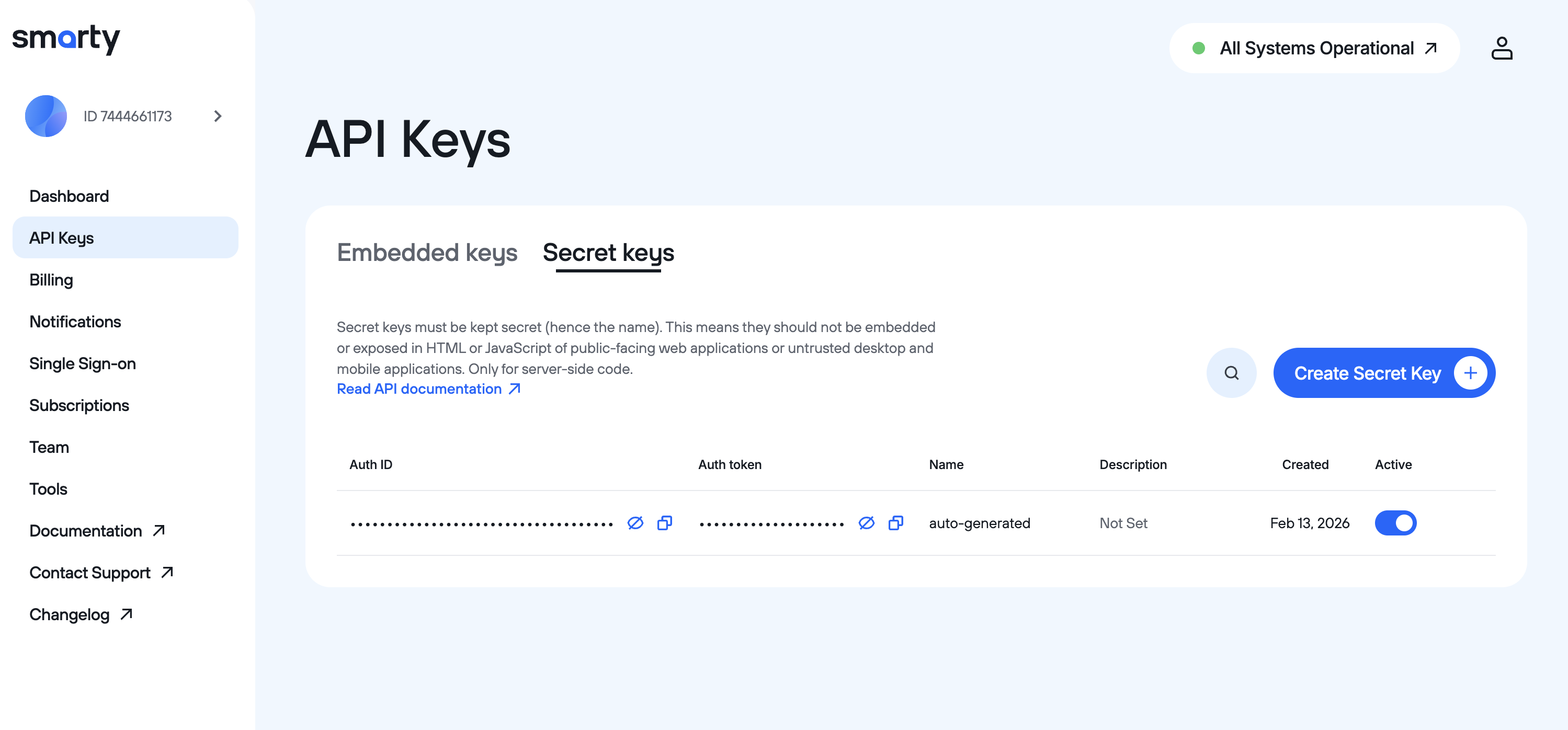 Secret keys page on account dashboard