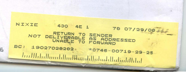Return to Sender - Not Deliverable As Addressed