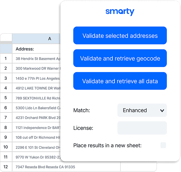 Google Sheets plugin address validation Live API