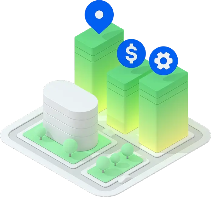 Isometric illustration of a digital map with colorful buildings marked with icons for location, economic data, and settings, symbolizing address enrichment services.