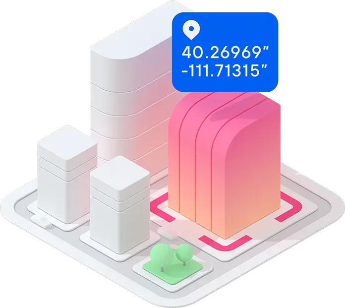 Isometric illustration of a digital map interface with urban buildings and a speech bubble displaying geographic coordinates, representing geocoding technology.