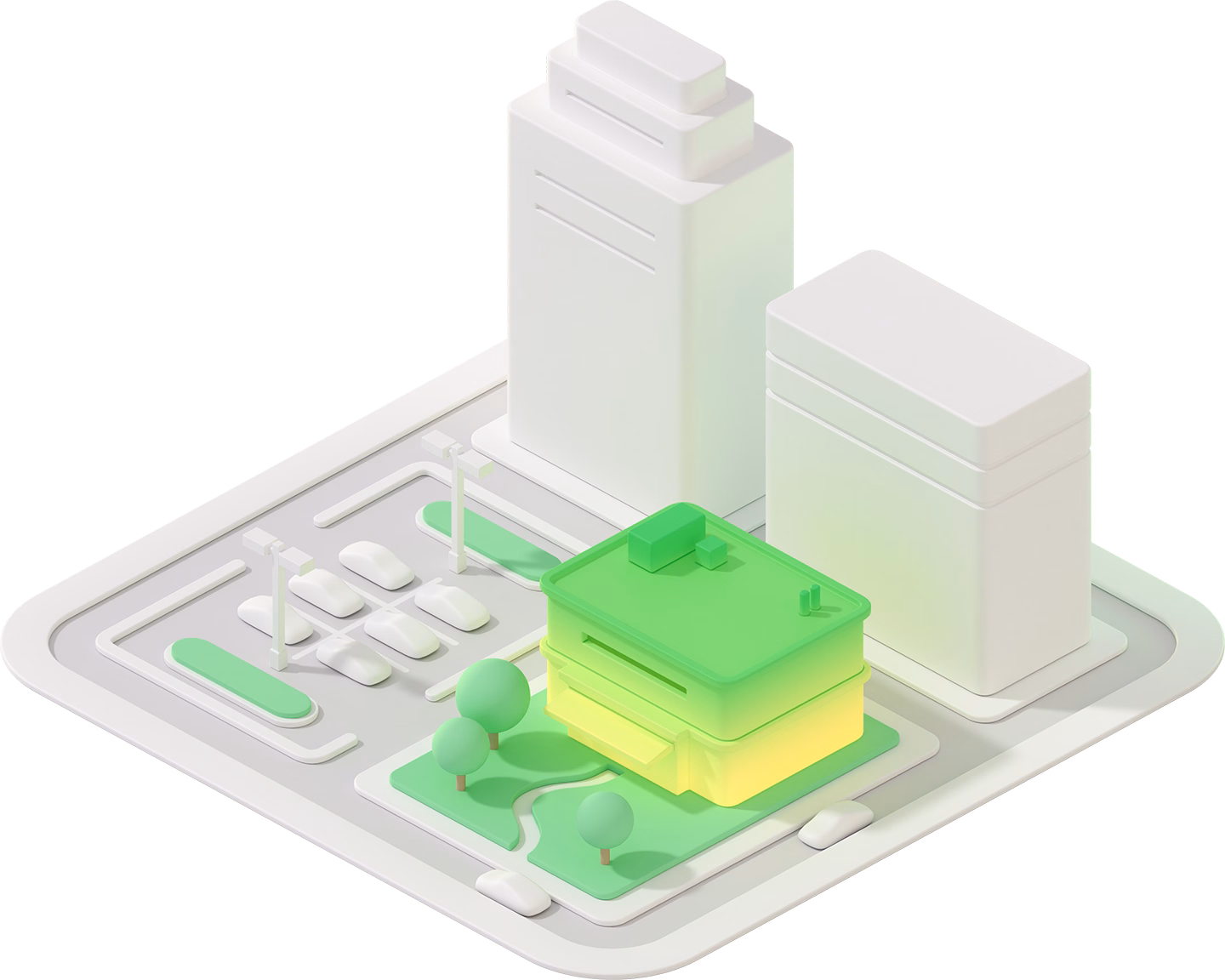 Isometric illustration of a city block with a glowing highlighted building among office towers and parked cars, representing US business data for a specific location.