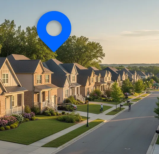 A neighborhood street with a blue pin above a house