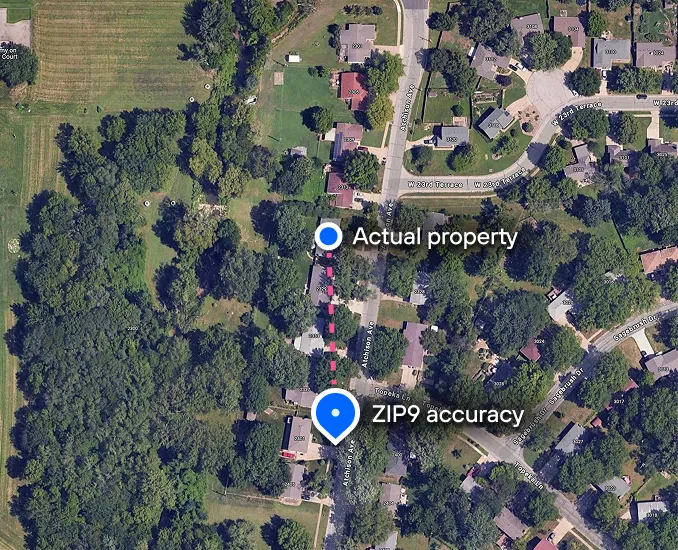 Satellite view of property with two locations tagged